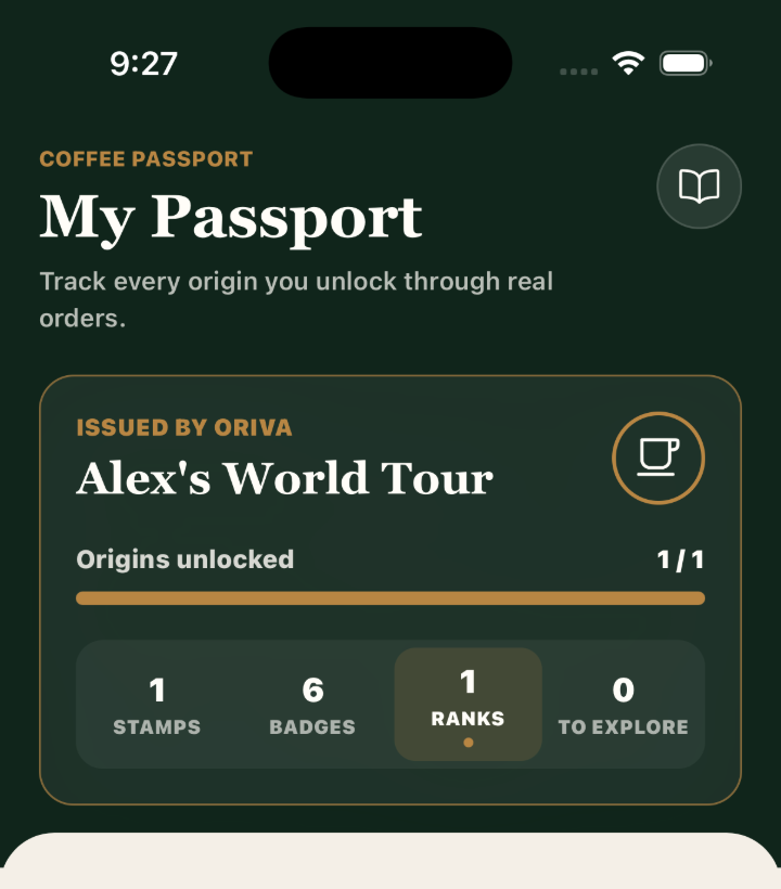 Oriva Coffee Passport showing origins, stamps, badges, and ranks